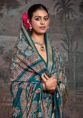 Sea Green Velvet Tusser Silk  Ajrakh Saree